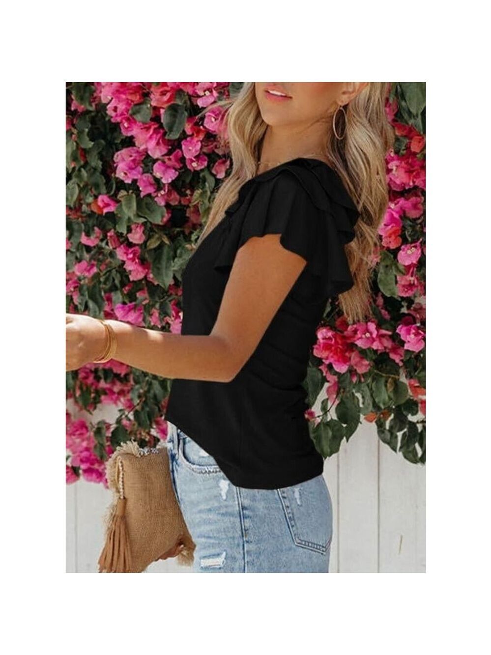 SHEWIN Womens Summer Tops V Neck Ruffle Short Sleeve T Shirts in Black Size XL